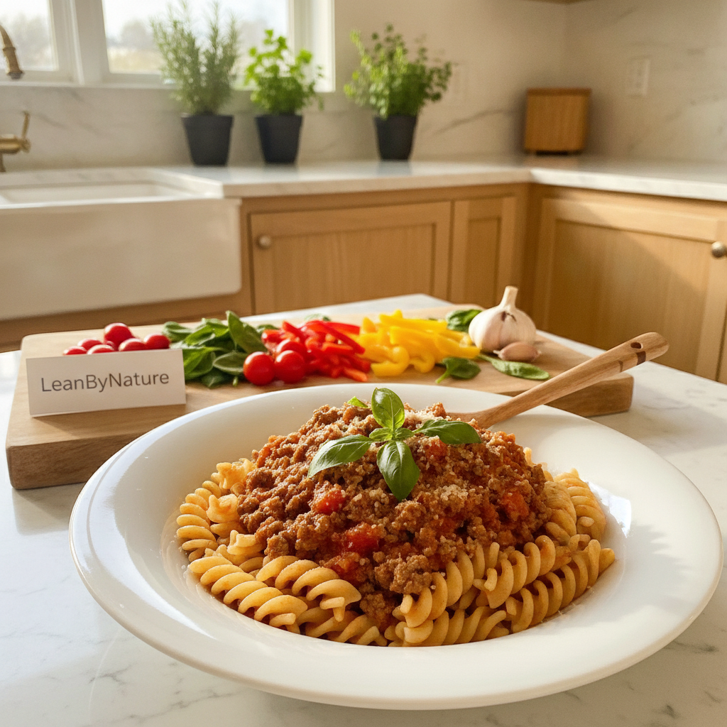 A vibrant, nutritious pasta meal featuring high-protein ground beef, elegantly presented in a bright, minimalist kitchen. In the foreground, a large white bowl filled with al dente pasta, generously topped with a rich, savory ground beef sauce, fresh basil, and a sprinkle of parmesan cheese. The middle ground showcases a beautiful wooden cutting board with colorful, fresh vegetables like tomatoes, spinach, and bell peppers, enhancing the dish's appeal. The background reveals a sunlit kitchen with marble countertops and oak cabinetry, complemented by lush green plants for a fresh atmosphere. Soft natural lighting casts a warm glow over the meal, creating an inviting and healthy ambiance. Include the brand name "LeanByNature" subtly in the composition.