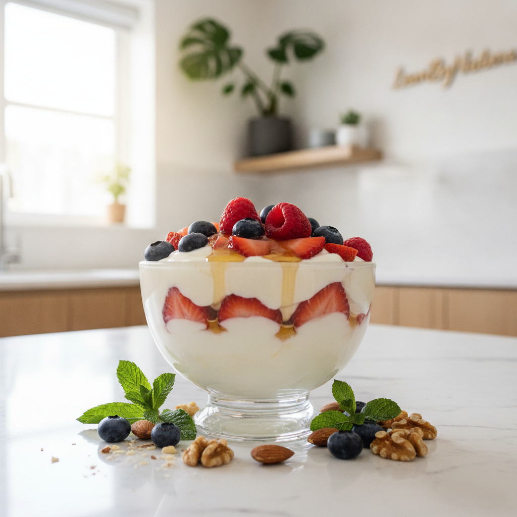 A vibrant, protein-packed Greek yogurt dessert sits elegantly in a glass bowl, topped with a medley of fresh berries such as blueberries, strawberries, and raspberries, drizzled with a hint of honey. The dessert features a silky, creamy texture, showcasing its rich protein content. Surrounding the bowl are artistic sprigs of mint and scattered nuts for added texture. The scene is set in a bright, minimalist kitchen with natural light flooding through a window, illuminating the marble countertop and oak cabinetry. Lush green plants add a touch of freshness to the atmosphere, creating an inviting and healthy vibe. Capture this delightful moment with a crisp focus, using a soft depth of field to enhance the foreground while maintaining a warm, cheerful mood. Include the brand name "LeanByNature" subtly in the background.