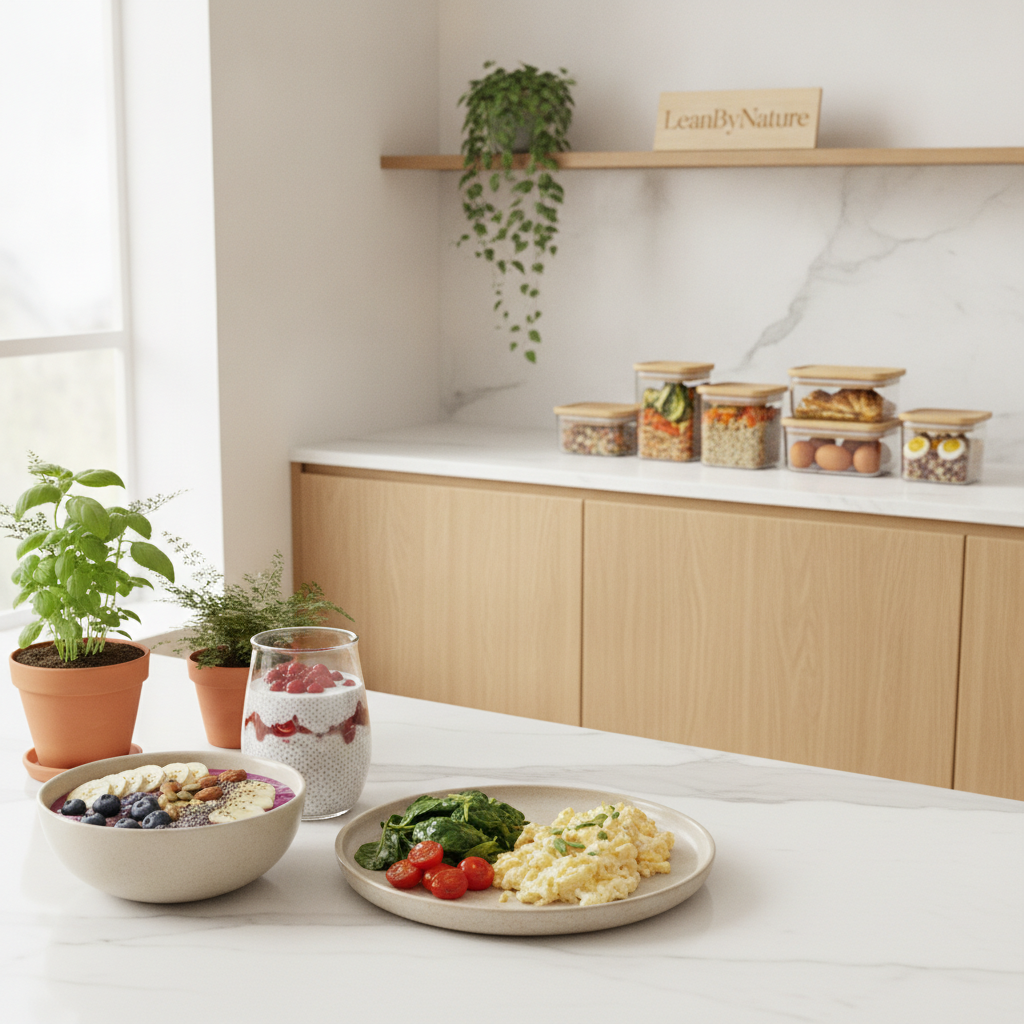 Bright minimalist kitchen featuring a clean marble countertop and warm oak cabinetry, bathed in soft natural light. In the foreground, a variety of high-protein breakfast dishes are artfully arranged: a colorful smoothie bowl topped with nuts and seeds, fluffy scrambled eggs with spinach and tomatoes, and chia seed pudding in a stylish glass jar. Lush green plants add a touch of freshness to the scene. In the middle ground, there is a well-organized meal prep area with containers filled with healthy protein-packed meals. The atmosphere conveys a sense of health, vibrancy, and ease. The brand "LeanByNature" subtly showcased within the kitchen decor, harmonizing with the space. Sharp focus with a slight depth of field to emphasize the dishes, creating an inviting and inspirational feel. Bright minimalist kitchen featuring a clean marble countertop and warm oak cabinetry, bathed in soft natural light. In the foreground, a variety of high-protein breakfast dishes are artfully arranged: a colorful smoothie bowl topped with nuts and seeds, fluffy scrambled eggs with spinach and tomatoes, and chia seed pudding in a stylish glass jar. Lush green plants add a touch of freshness to the scene. In the middle ground, there is a well-organized meal prep area with containers filled with healthy protein-packed meals. The atmosphere conveys a sense of health, vibrancy, and ease. The brand "LeanByNature" subtly showcased within the kitchen decor, harmonizing with the space. Sharp focus with a slight depth of field to emphasize the dishes, creating an inviting and inspirational feel.