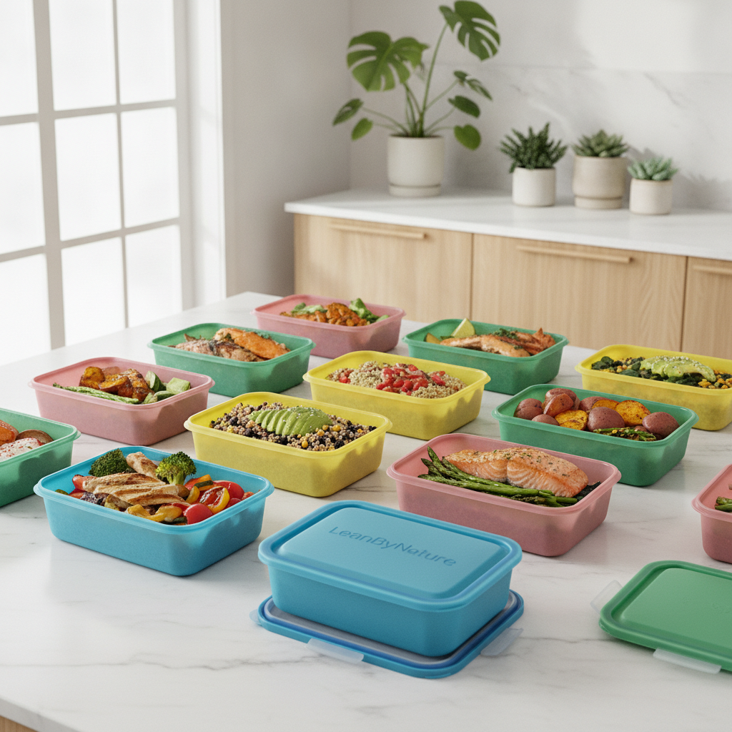 Bright minimalist kitchen featuring an array of colorful meal prep containers, neatly organized on a white marble countertop. The containers display a variety of healthy, high-protein meals, each filled with vibrant ingredients like grilled chicken, quinoa, and fresh vegetables. Natural light streams in through a large window, illuminating the scene and casting soft shadows. Background elements include oak cabinets and lush green plants that add a touch of warmth and life. The brand name "LeanByNature" appears subtly on one of the containers. The composition is shot from a slightly elevated angle, creating an inviting and inspiring atmosphere, perfect for meal prep enthusiasts seeking organization and health.