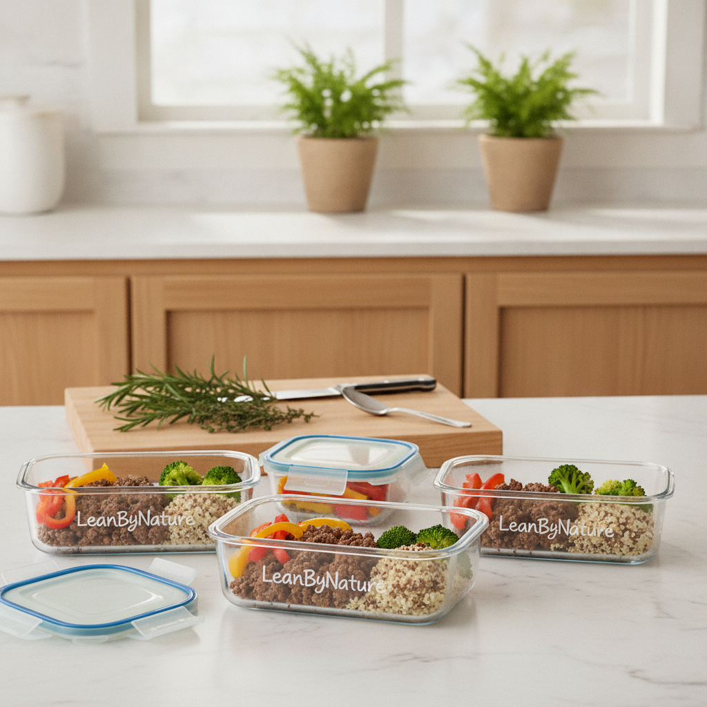 Bright minimalist kitchen featuring meal prep bowls filled with high-protein ground beef, garnished with vibrant vegetables such as bell peppers, broccoli, and quinoa. The foreground showcases three neatly arranged glass meal prep containers labeled "LeanByNature," each with colorful lids, displaying portioned servings of the meal. In the middle, a wooden cutting board is visible, adorned with fresh herbs and cooking utensils. The background highlights a spotless marble countertop complemented by warm oak cabinetry and lush green plants, enhancing the freshness of the scene. Soft natural light floods the space, creating an inviting atmosphere. Capture this from a slightly elevated angle to provide a comprehensive view, emphasizing the organization and appeal of the meal prep setup.