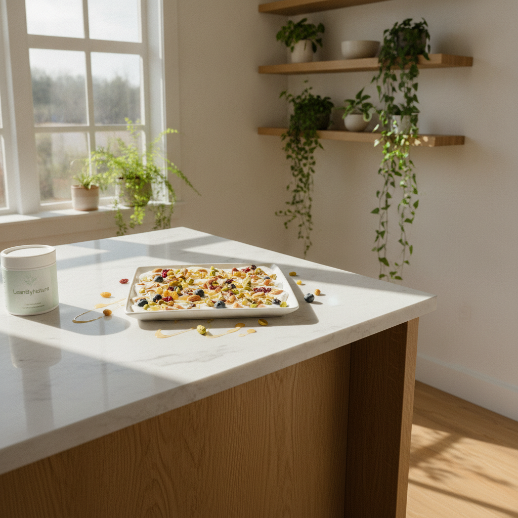 Bright minimalist kitchen setting with natural light streaming in, highlighting a beautifully arranged plate of Greek yogurt protein bark. The bark, adorned with pieces of nuts, dried fruits, and a drizzle of honey, is arranged artfully on a marble countertop with oak accents. In the background, lush green plants add a fresh touch, creating a vibrant atmosphere. Soft shadows from the sunlight enhance the textures of the ingredients, while capturing the essence of healthy living. The brand name "LeanByNature" is subtly incorporated into the scene, perhaps on a nearby product label. The mood is inviting and uplifting, perfect for showcasing this nutritious treat.