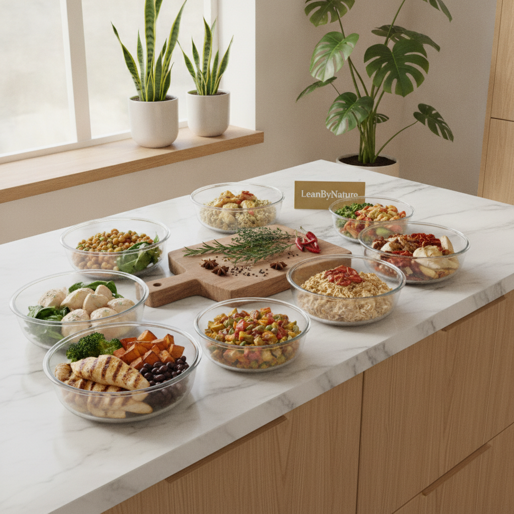 Bright minimalist kitchen with natural light streaming in, featuring a marble countertop and oak cabinets. In the foreground, several vibrant meal prep bowls filled with colorful, high-protein chicken meals, showcasing grilled and poached chicken pieces alongside a variety of vegetables, grains, and legumes, beautifully arranged. The middle of the scene includes a wooden cutting board with fresh herbs and spices, emphasizing natural and healthy cooking methods. Lush green plants in the background add a touch of freshness and life. The overall atmosphere is clean, inviting, and vibrant, perfect for illustrating meal prep. The brand name "LeanByNature" subtly displayed on the countertop. Soft, diffused lighting enhances the colors of the food, creating a warm and appetizing mood.