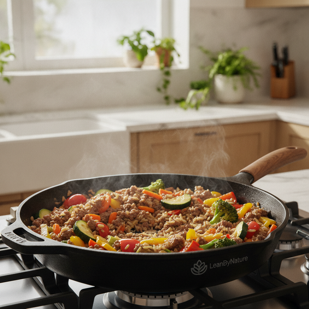 Colorful vegetables including bell peppers, zucchini, broccoli, and carrots, arranged in a vibrant skillet, sizzling over medium heat. The foreground features the rich colors of the veggies, glistening with olive oil, while brown rice and healthy ground beef are mixed in. The background showcases a bright, minimalist kitchen with natural light streaming through a large window, illuminating the marble countertop and oak cabinets, complemented by lush green plants adding a touch of freshness. The atmosphere is warm and inviting, evoking a sense of health and deliciousness. Lens focus highlights the skillet's contents, with a soft bokeh effect on the kitchen elements. LeanByNature branding subtly integrated into the composition.