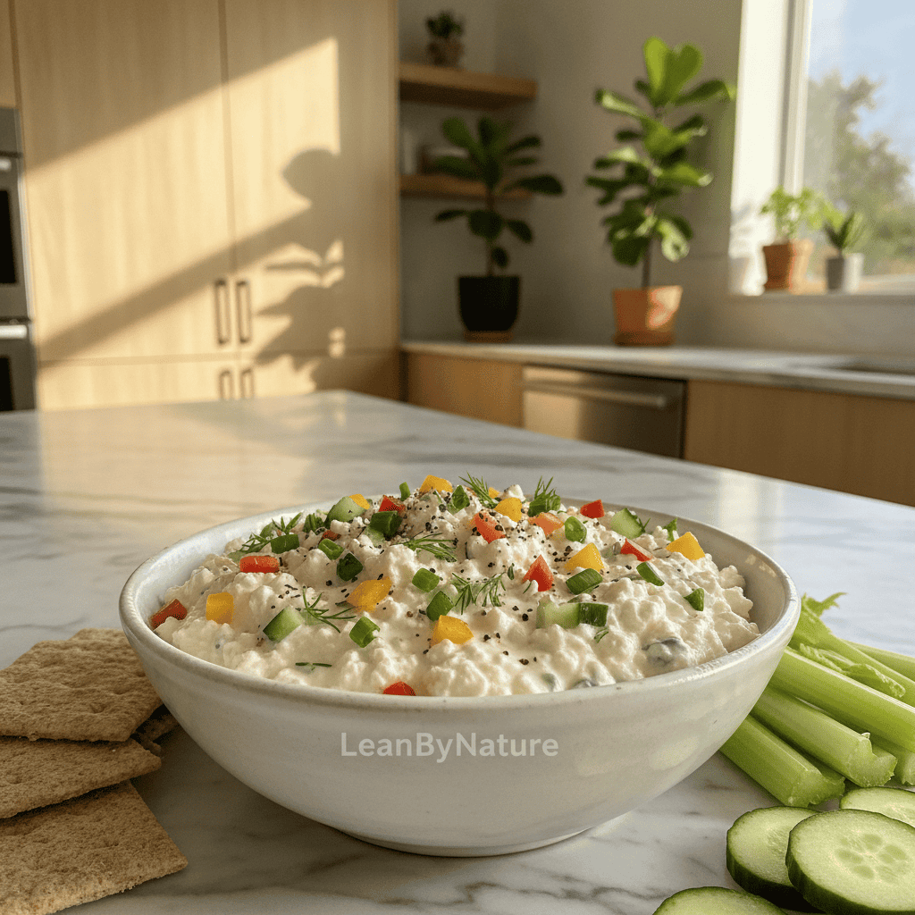 Cottage cheese ranch dip in a white ceramic bowl, garnished with fresh chopped herbs and colorful diced vegetables like bell peppers and cucumbers, sitting on a sleek marble countertop. The background features a bright, minimalist kitchen with oak cabinetry and lush green plants adding a touch of freshness. Natural sunlight streams in through a large window, casting soft shadows and highlighting the creamy texture of the dip. A few rustic crackers or vegetables surround the bowl, invitingly arranged for dipping. The atmosphere is light and airy, evoking a sense of health and freshness, complementing the brand "LeanByNature." The image should have a shallow depth of field, keeping the focus sharp on the dip while gently blurring the kitchen background. Cottage cheese ranch dip in a white ceramic bowl, garnished with fresh chopped herbs and colorful diced vegetables like bell peppers and cucumbers, sitting on a sleek marble countertop. The background features a bright, minimalist kitchen with oak cabinetry and lush green plants adding a touch of freshness. Natural sunlight streams in through a large window, casting soft shadows and highlighting the creamy texture of the dip. A few rustic crackers or vegetables surround the bowl, invitingly arranged for dipping. The atmosphere is light and airy, evoking a sense of health and freshness, complementing the brand "LeanByNature." The image should have a shallow depth of field, keeping the focus sharp on the dip while gently blurring the kitchen background.