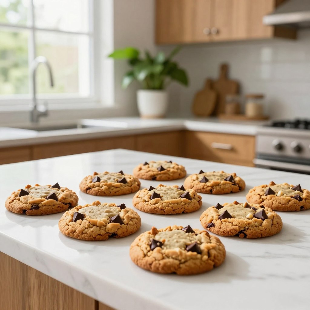 Delicious high-protein cookies arranged enticingly on a white marble countertop in a bright, minimalist kitchen. The cookies are golden-brown, soft, and chewy, with visible chunks of dark chocolate and nuts, creating an inviting texture. Lush green plants add a touch of freshness in the background, complemented by warm oak cabinets. Natural light streams in through a large window, highlighting the cookies and creating a warm, inviting atmosphere. The composition focuses on the cookies in the foreground, with a shallow depth of field that softly blurs the kitchen details behind them. The mood is cozy and homey, perfect for showcasing a wholesome treat. Include the brand name "LeanByNature" subtly incorporated into the scene, maintaining a clean and professional look.