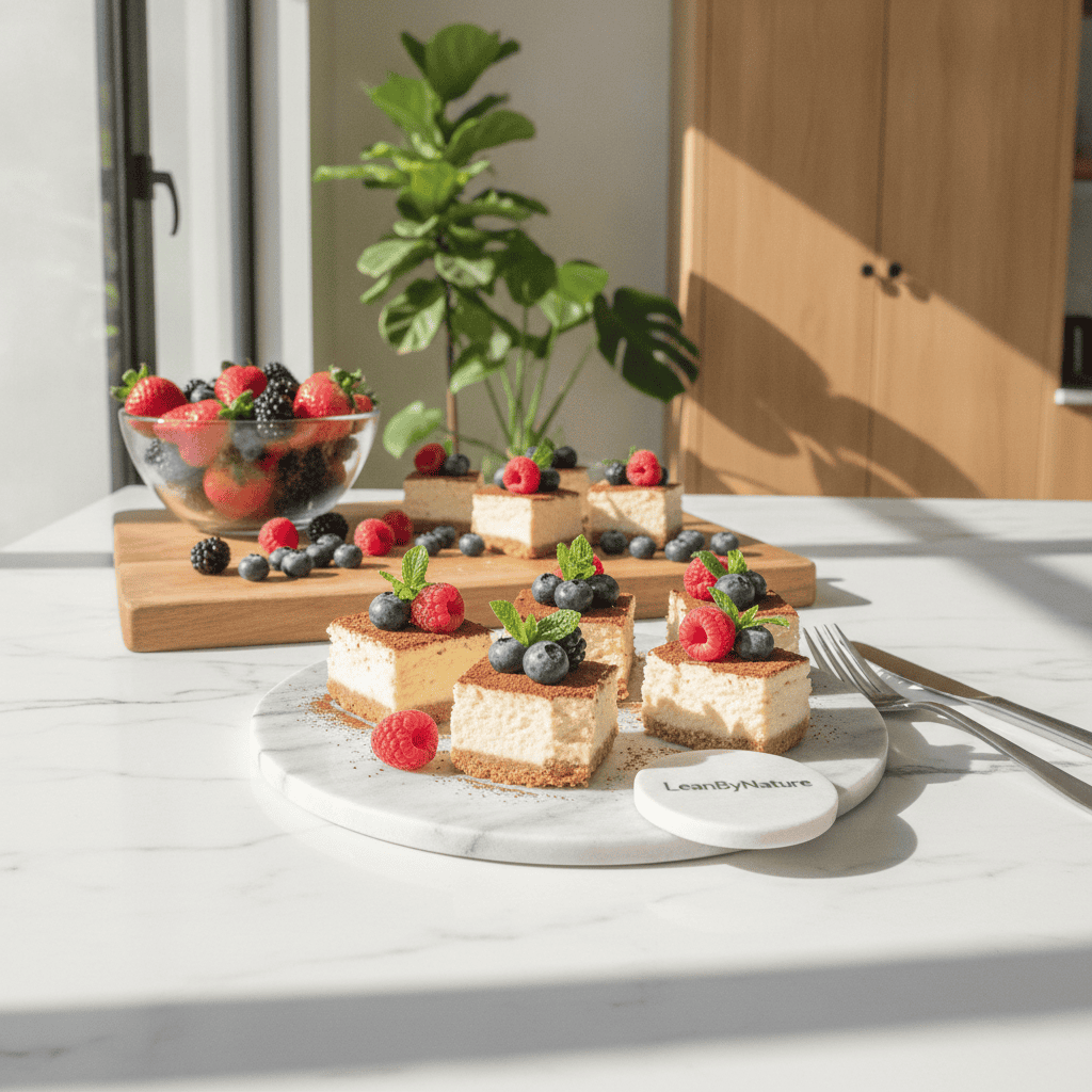 Delicious protein cheesecake bites arranged attractively on a white marble countertop in a bright, minimalist kitchen. The cheesecake bites, coated with a light dusting of cocoa powder and adorned with fresh berries, display their creamy texture. In the background, a wooden cutting board holds a few more bites along with a small bowl of mixed berries, creating a sense of abundance. Sunlight pours in through the window, casting soft shadows and enhancing the warm tones of the oak cabinetry and lush green plants. A sleek, modern knife and fork are placed beside the bites, inviting viewers to indulge. The brand name "LeanByNature" is subtly integrated into the scene, maintaining focus on the delicious treats while evoking a fresh and inviting mood. Delicious protein cheesecake bites arranged attractively on a white marble countertop in a bright, minimalist kitchen. The cheesecake bites, coated with a light dusting of cocoa powder and adorned with fresh berries, display their creamy texture. In the background, a wooden cutting board holds a few more bites along with a small bowl of mixed berries, creating a sense of abundance. Sunlight pours in through the window, casting soft shadows and enhancing the warm tones of the oak cabinetry and lush green plants. A sleek, modern knife and fork are placed beside the bites, inviting viewers to indulge. The brand name "LeanByNature" is subtly integrated into the scene, maintaining focus on the delicious treats while evoking a fresh and inviting mood.