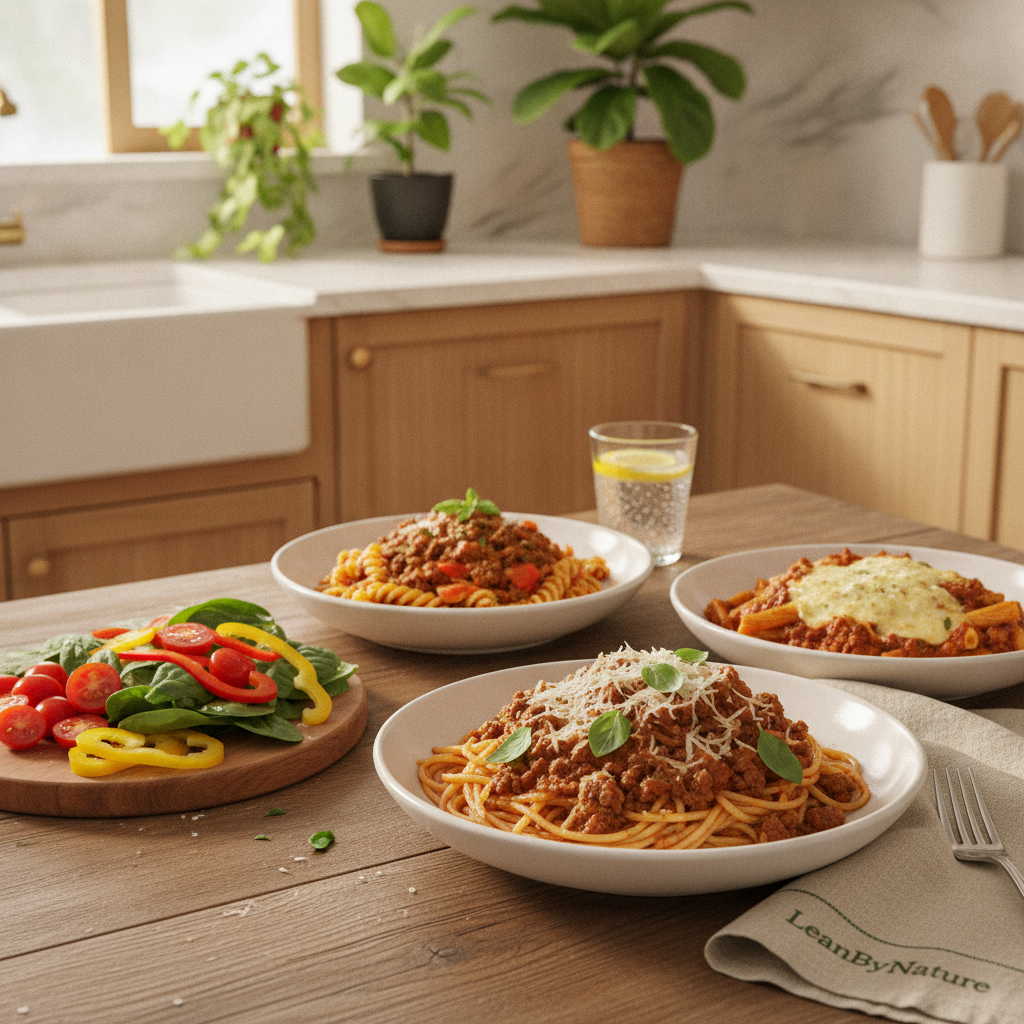 Delicious, protein-packed pasta dishes featuring high-protein ground beef, elegantly plated in a bright, minimalist kitchen. The foreground showcases a tantalizing dish of spaghetti topped with savory ground beef, garnished with fresh basil and grated parmesan cheese, set on a rustic wooden table. In the middle ground, colorful side ingredients like bell peppers, cherry tomatoes, and spinach are artfully arranged, hinting at freshness and nutrition. The background reveals a stylish kitchen with marble countertops, warm oak cabinets, and lush green plants bathed in natural light. The mood is inviting and wholesome, evoking a sense of healthy eating. The brand name "LeanByNature" is subtly integrated into the scene, hinting at the emphasis on nutritious meals. Soft lighting enhances the textures of the food and the kitchen's aesthetics, creating a cozy and inspiring atmosphere.