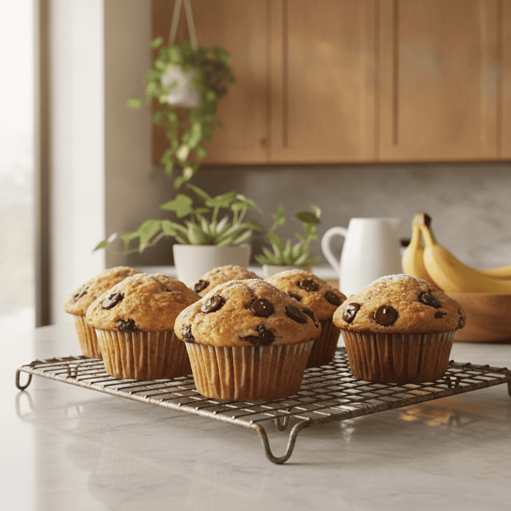 Deliciously arranged chocolate chip cheese banana muffins cooling on a rustic wire rack, nestled in a bright minimalist kitchen bathed in natural light. The muffins showcase a golden-brown crust, with melted chocolate chips glistening on top and the soft texture of banana peeking through. The background features elegant marble countertops and warm oak cabinets, adorned with lush green plants that add a touch of freshness to the scene. The image should capture a cozy and inviting atmosphere, using soft, warm lighting to accentuate the muffins' appeal. A shallow depth of field focuses on the muffins while lightly blurring the kitchen elements, creating a beautiful culinary setting. The brand name "LeanByNature" should subtly influence the overall style of the presentation, blending seamlessly into the scene without overt branding.