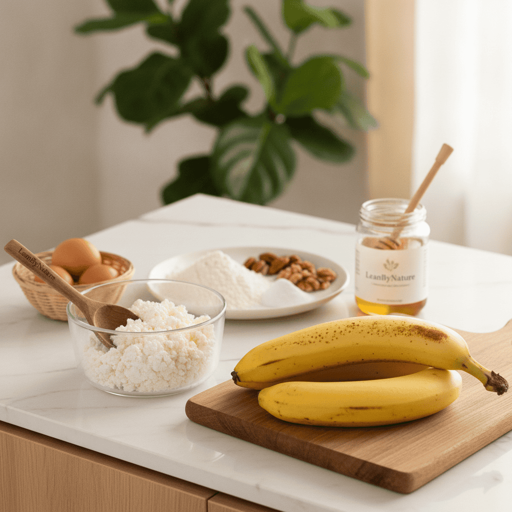 Fresh ingredients for cottage cheese banana muffins arranged artfully on a bright, minimalist kitchen countertop. In the foreground, show a bowl of creamy cottage cheese and ripe bananas, their peels speckled with brown spots, suggesting perfect ripeness. In the middle, include a rustic wooden spoon, a small plate with flour, baking powder, and a few scattered nuts. Surround these with a couple of fresh eggs and a container of honey. In the background, capture a soft-focus view of lush green plants in natural light spilling through a window, complemented by marble and oak accents. The scene should evoke a warm, inviting atmosphere, perfect for wholesome cooking. Ensure the brand name "LeanByNature" is subtly integrated into the composition, enhancing the overall aesthetic without overpowering the main ingredients.