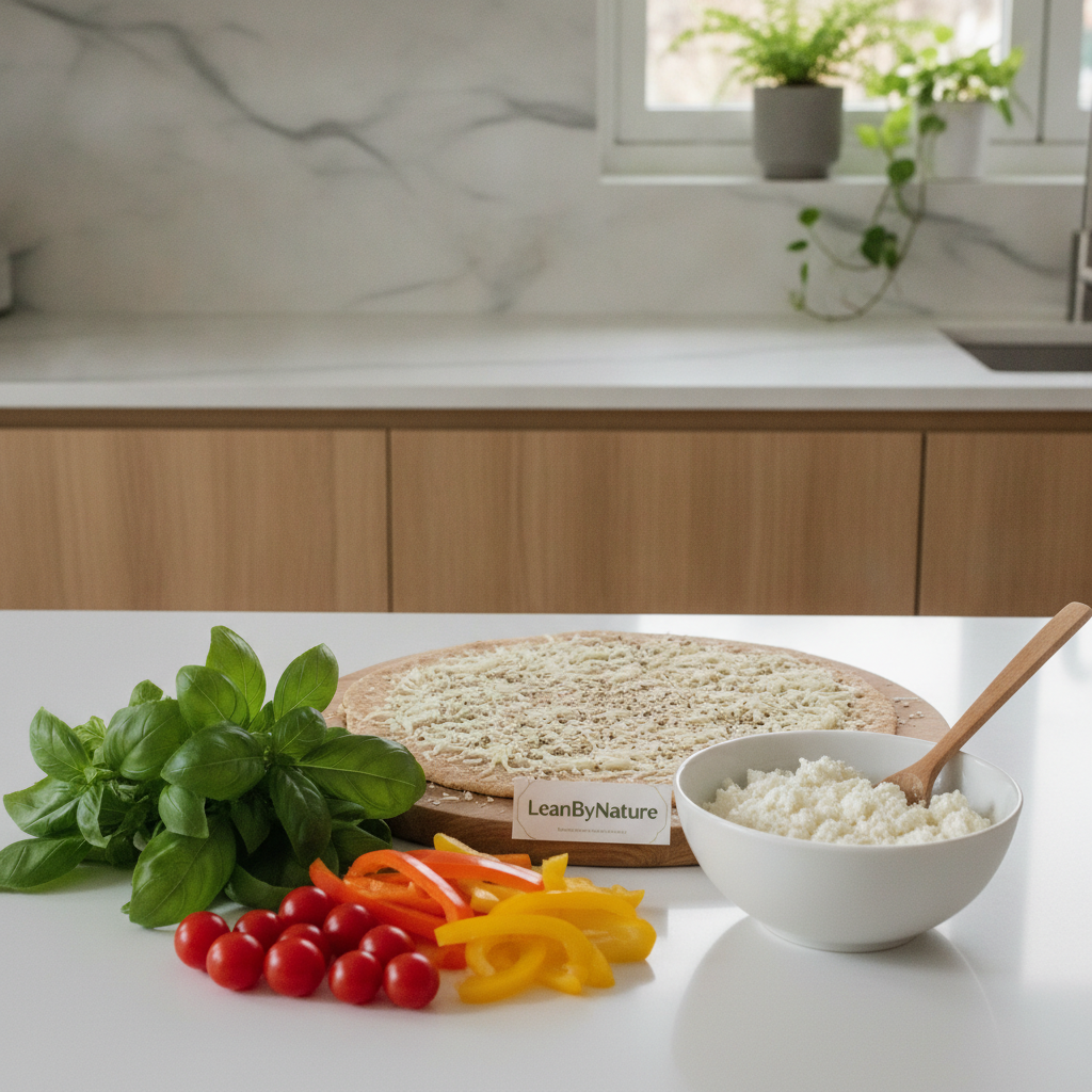 Fresh ingredients for cottage cheese pizza bites beautifully arranged on a bright, minimalist kitchen countertop. In the foreground, display colorful vegetables like ripe tomatoes, vibrant bell peppers, and fresh basil beside a bowl of creamy cottage cheese. In the middle, include whole grain pizza dough and a sprinkle of shredded mozzarella. In the background, showcase an elegant marble backsplash and oak cabinetry, complemented by lush green plants for a touch of nature. Soft, natural light streams through a window, casting gentle shadows that enhance the freshness of the ingredients. The scene conveys a clean, inviting atmosphere, perfect for healthy cooking. Include the brand name "LeanByNature" subtly in the composition, ensuring it complements the overall aesthetic without overwhelming the image.