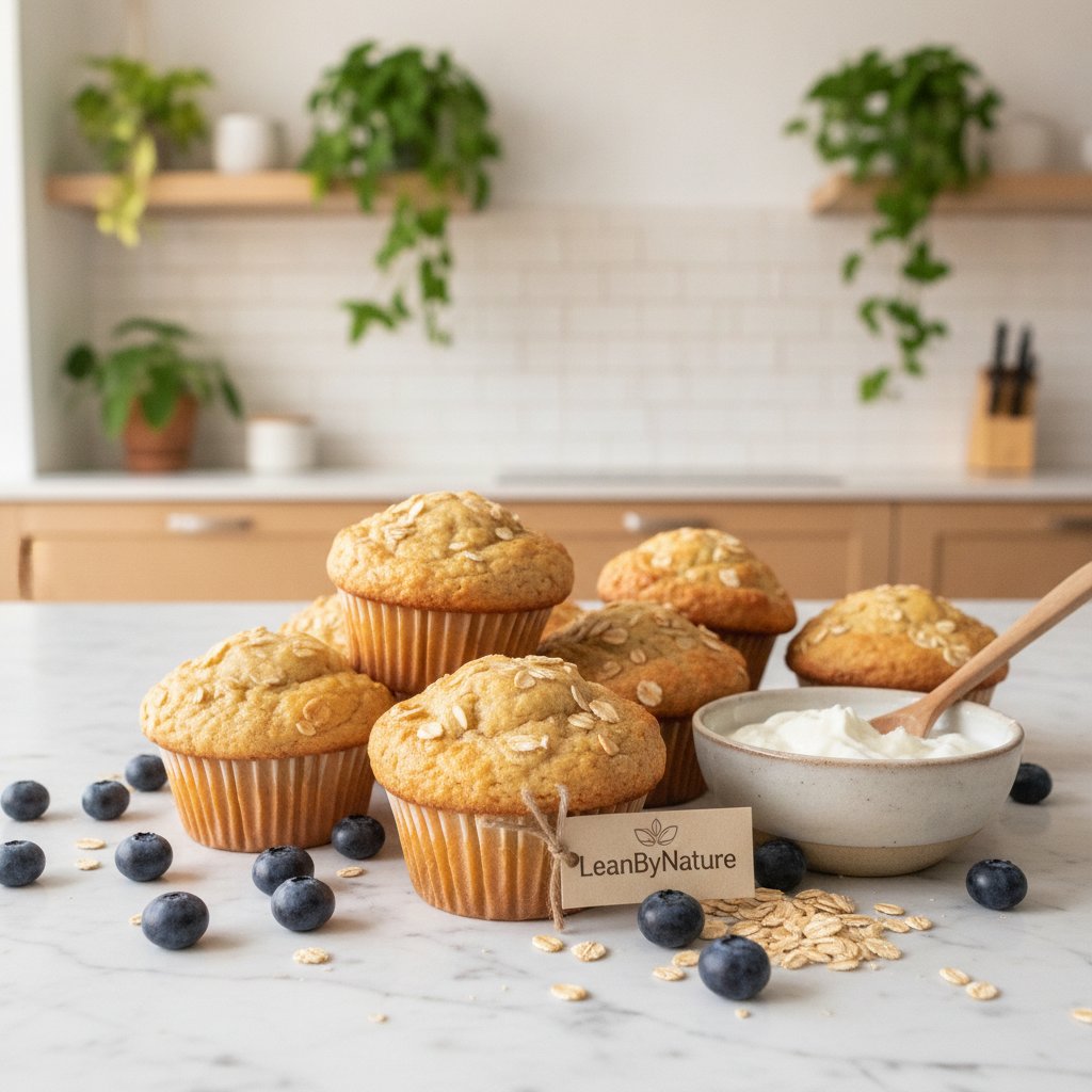 Healthy Greek yogurt muffins elegantly arranged on a white marble countertop, surrounded by fresh ingredients like blueberries, oats, and a small bowl of Greek yogurt. The muffins are golden brown with a fluffy texture and a sprinkle of oats on top, reflecting their nutritious nature. In the background, a bright minimalist kitchen bathed in natural light highlights oak cabinets and lush green plants, creating a fresh and inviting atmosphere. The image captures a close-up perspective, emphasizing the muffins and inviting viewers to appreciate their health benefits. Soft, warm lighting enhances the inviting feel, while the brand name "LeanByNature" is subtly integrated into the composition.