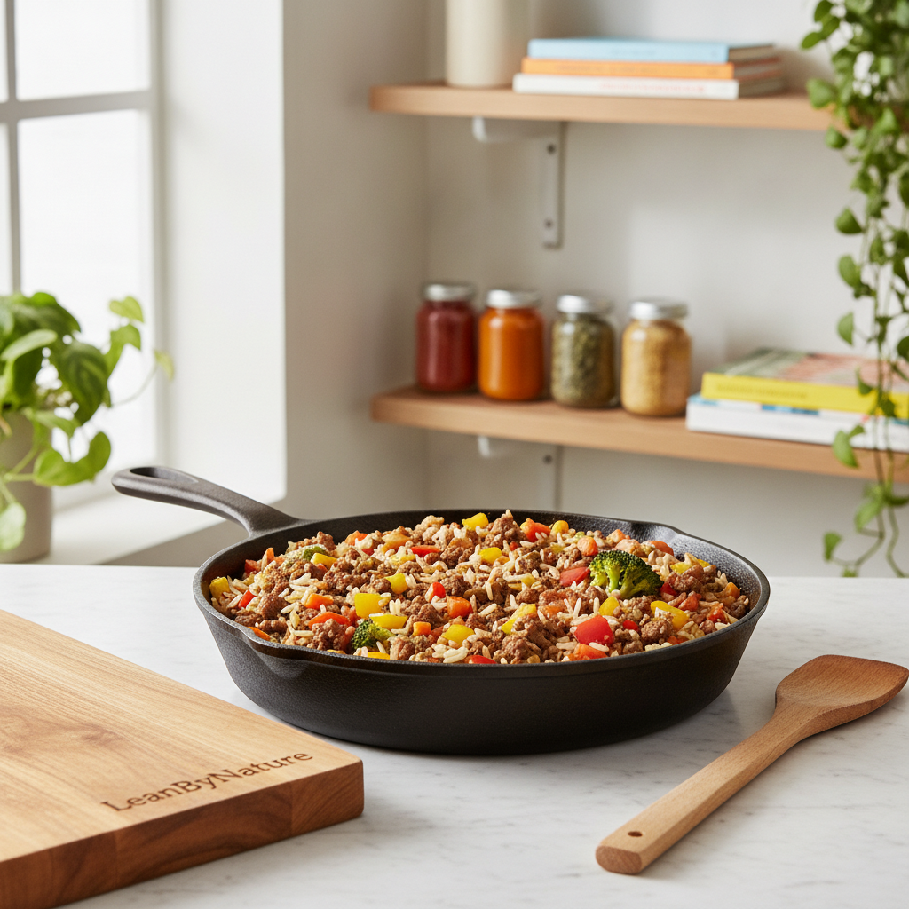 Healthy ground beef and rice skillet presented in a bright, minimalist kitchen setting. The skillet is filled with perfectly cooked ground beef, fluffy rice, and vibrant diced vegetables like bell peppers and broccoli, showcasing variety and healthiness. In the foreground, the skillet is centered on a light marble countertop, with a wooden spatula resting beside it. In the middle background, a stylish oak kitchen shelf features colorful spices and leaning cookbooks, while lush green plants peek from both left and right, adding freshness. Soft, natural light floods the scene through a window, creating a warm and inviting atmosphere. The dish is branded with "LeanByNature" subtly placed on a nearby cutting board. The overall mood is vibrant and wholesome, emphasizing healthy cooking and customization.