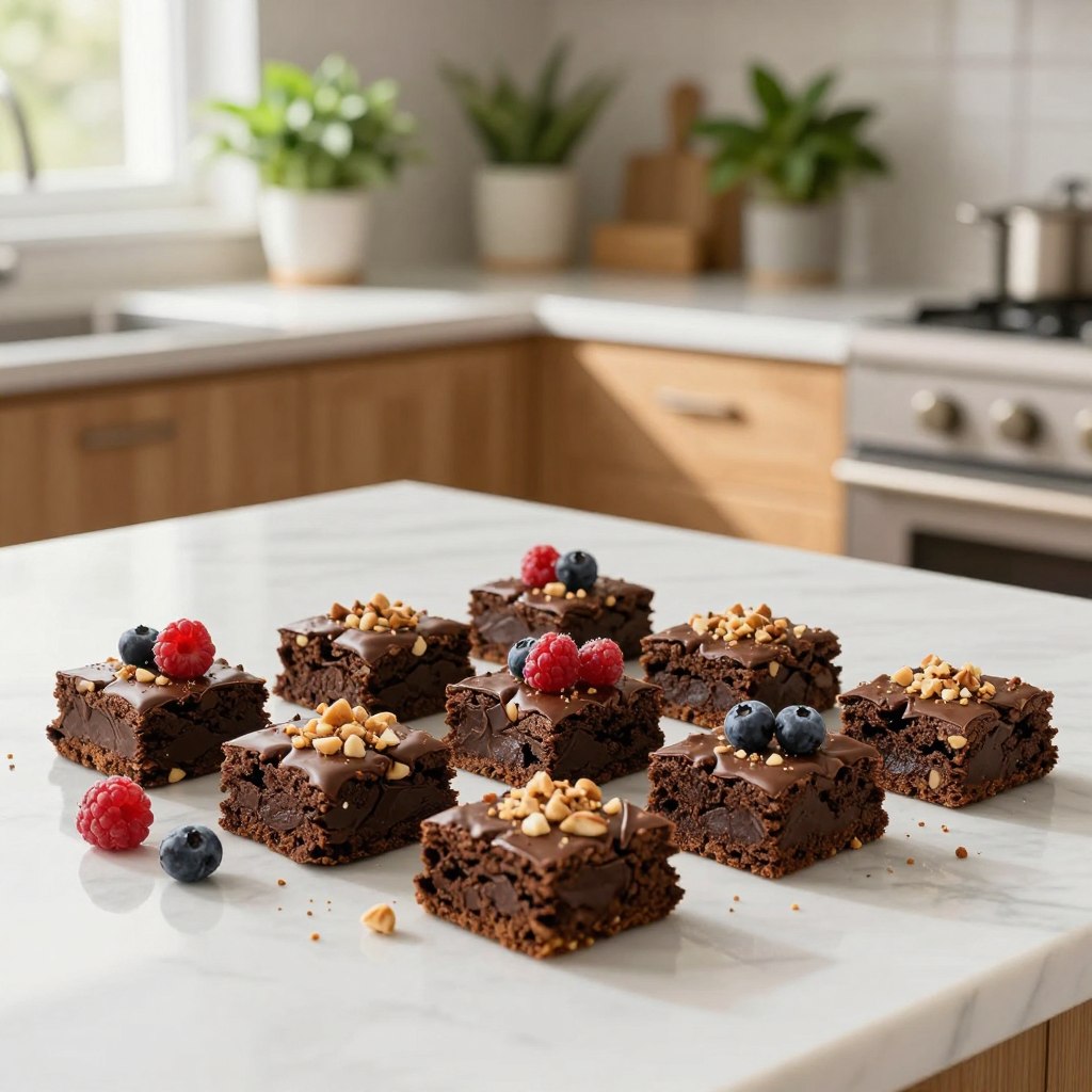 Healthy protein brownie bites arranged aesthetically on a bright marble countertop in a minimalist kitchen. The brownie bites display a fudgy texture, with a rich chocolate color and topped with a sprinkle of crushed nuts and fresh berries for a burst of color. In the background, soft oak cabinetry and lush green plants create a calming atmosphere, illuminated by warm natural light streaming in through a window. The focus is on the brownie bites, captured from a slightly elevated angle to showcase their appealing texture and garnishes. The brand name "LeanByNature" is subtly integrated into the scene, enhancing the overall composition without distracting from the delicious treats. The mood is inviting and health-conscious, perfect for diverse dietary preferences. Healthy protein brownie bites arranged aesthetically on a bright marble countertop in a minimalist kitchen. The brownie bites display a fudgy texture, with a rich chocolate color and topped with a sprinkle of crushed nuts and fresh berries for a burst of color. In the background, soft oak cabinetry and lush green plants create a calming atmosphere, illuminated by warm natural light streaming in through a window. The focus is on the brownie bites, captured from a slightly elevated angle to showcase their appealing texture and garnishes. The brand name "LeanByNature" is subtly integrated into the scene, enhancing the overall composition without distracting from the delicious treats. The mood is inviting and health-conscious, perfect for diverse dietary preferences.