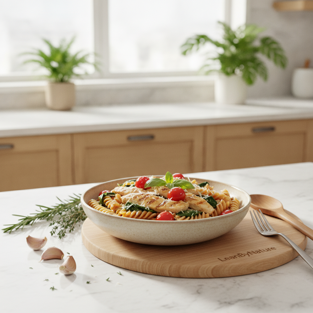 High-protein dinner scene featuring a vibrant, freshly plated chicken pasta dish made with tender grilled chicken, whole wheat pasta, cherry tomatoes, and spinach. Set against a bright, minimalist kitchen with natural light streaming in through large windows, illuminating a marble countertop and oak cabinets. Lush green plants add a touch of freshness in the background. The focus is on the deliciously garnished pasta in a stylish bowl surrounded by cooking utensils and fresh ingredients like herbs and garlic. The atmosphere is warm and inviting, emphasizing a healthy, nutritious meal. Capture this scene in a soft, airy lighting with a shallow depth of field to highlight the dish, branded with "LeanByNature" subtly displayed on a nearby cutting board. High-protein dinner scene featuring a vibrant, freshly plated chicken pasta dish made with tender grilled chicken, whole wheat pasta, cherry tomatoes, and spinach. Set against a bright, minimalist kitchen with natural light streaming in through large windows, illuminating a marble countertop and oak cabinets. Lush green plants add a touch of freshness in the background. The focus is on the deliciously garnished pasta in a stylish bowl surrounded by cooking utensils and fresh ingredients like herbs and garlic. The atmosphere is warm and inviting, emphasizing a healthy, nutritious meal. Capture this scene in a soft, airy lighting with a shallow depth of field to highlight the dish, branded with "LeanByNature" subtly displayed on a nearby cutting board.