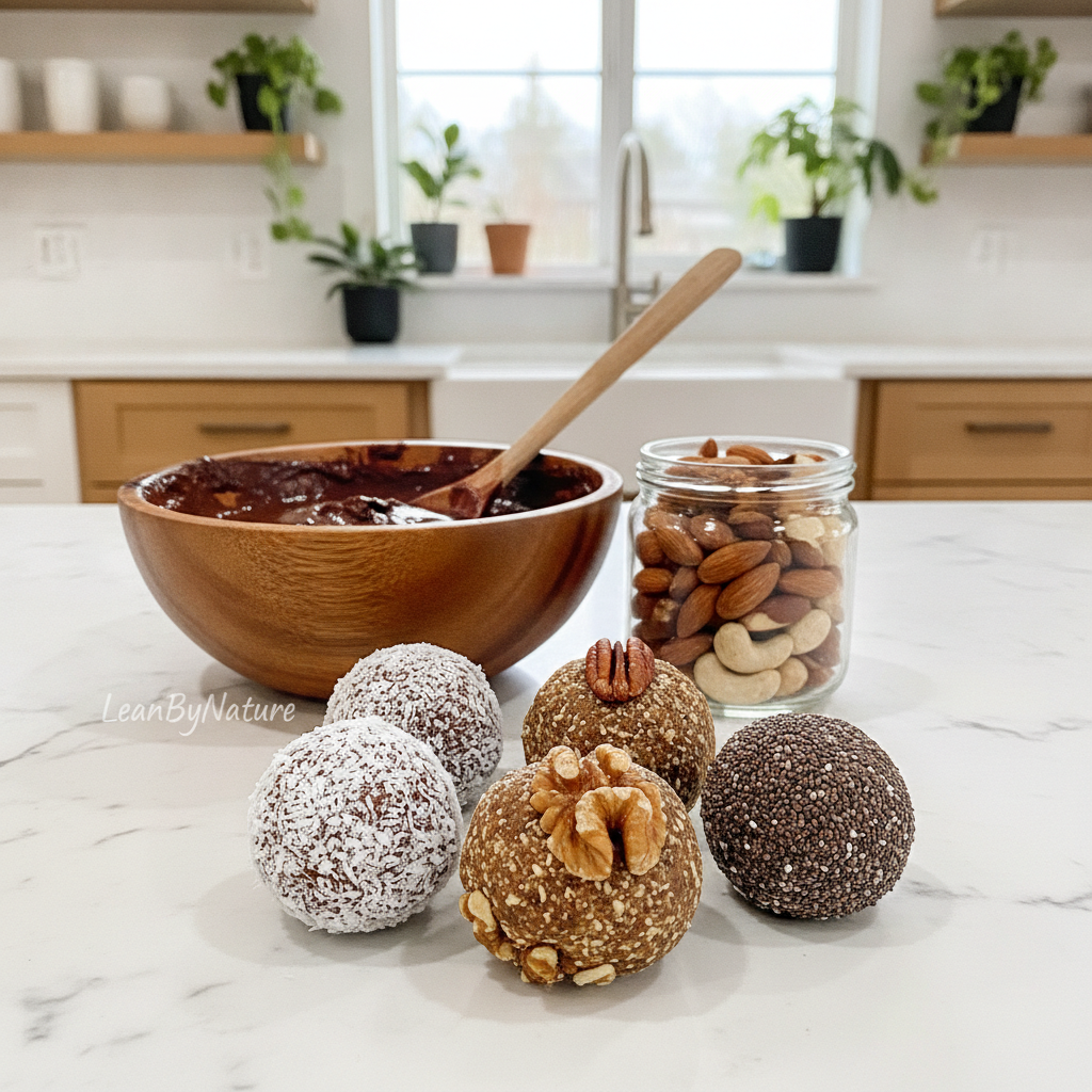 No bake energy balls arranged aesthetically on a white marble countertop, showcasing a variety of flavors, including chocolate, oats, and nuts. The foreground features several energy balls with a crumbly texture, sprinkled with coconut flakes and chia seeds for added detail. In the middle ground, a mixing bowl filled with glossy chocolate mixture and oats, with a wooden spoon resting beside it; also a small container of mixed nuts can be seen. The background includes lush green plants and warm oak cabinets in a bright, minimalist kitchen, filled with natural light filtering through the window. The scene conveys a healthy, inviting atmosphere, perfect for home cooking. Incorporate the brand name "LeanByNature" subtly on the countertop.