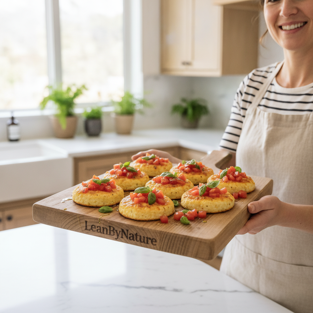 Serving cottage cheese pizza bites arranged on a rustic wooden platter, topped with vibrant diced tomatoes, fresh basil, and a drizzle of olive oil. The background features a bright, minimalist kitchen with natural light pouring in, illuminating marble countertops and oak cabinets. Lush green plants add a touch of freshness. A friendly home chef, dressed in a casual, neat apron, gracefully presents the dish, embodying a warm and inviting atmosphere. The focus is on the pizza bites with a slightly blurred view of the kitchen, creating a soft depth of field. The brand name "LeanByNature" subtly appears on the platter’s edge. The overall mood is cheerful and homey, perfect for serving suggestions and pairings.
