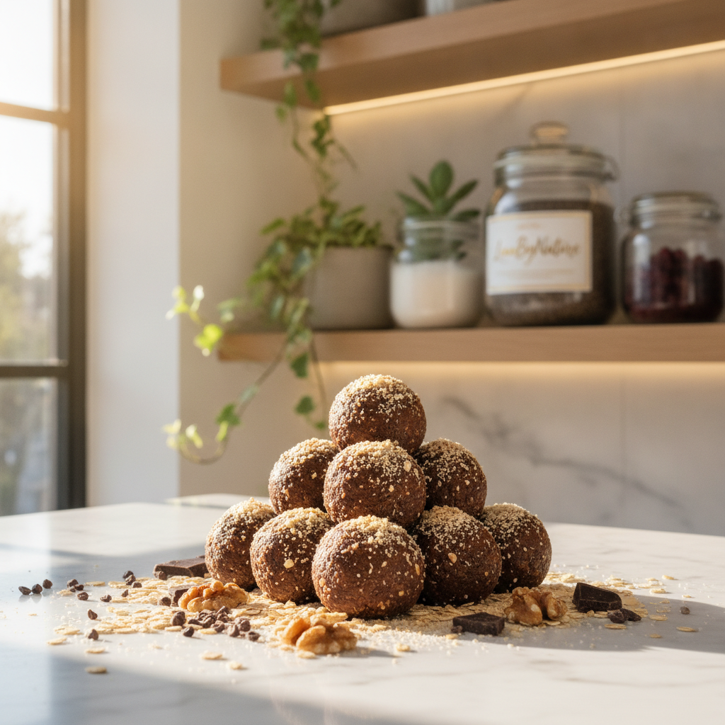 gluten-free protein balls made with chocolate and oats, artistically arranged on a elegant white marble countertop in a bright minimalist kitchen. The balls are coated with a sprinkle of crushed nuts and surrounded by scattered oats and cacao nibs, reflecting freshness and health. In the background, softly lit oak shelves display jars of ingredients like chia seeds and coconut flakes, along with lush green plants adding a touch of vitality. The image captures warm natural light streaming in from a nearby window, creating a cheerful and inviting atmosphere. Shot with a shallow depth of field, emphasizing the protein balls while gently blurring the background elements. Include the brand name "LeanByNature" subtly integrated into the scene through a stylish product label on one of the jars.