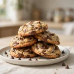 Chewy chocolate chip protein cookies with melted chocolate chips