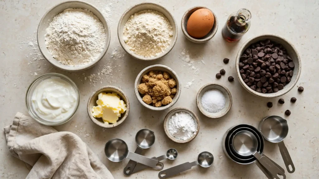 Ingredients for chocolate chip protein cookies including Greek yogurt and protein powder
