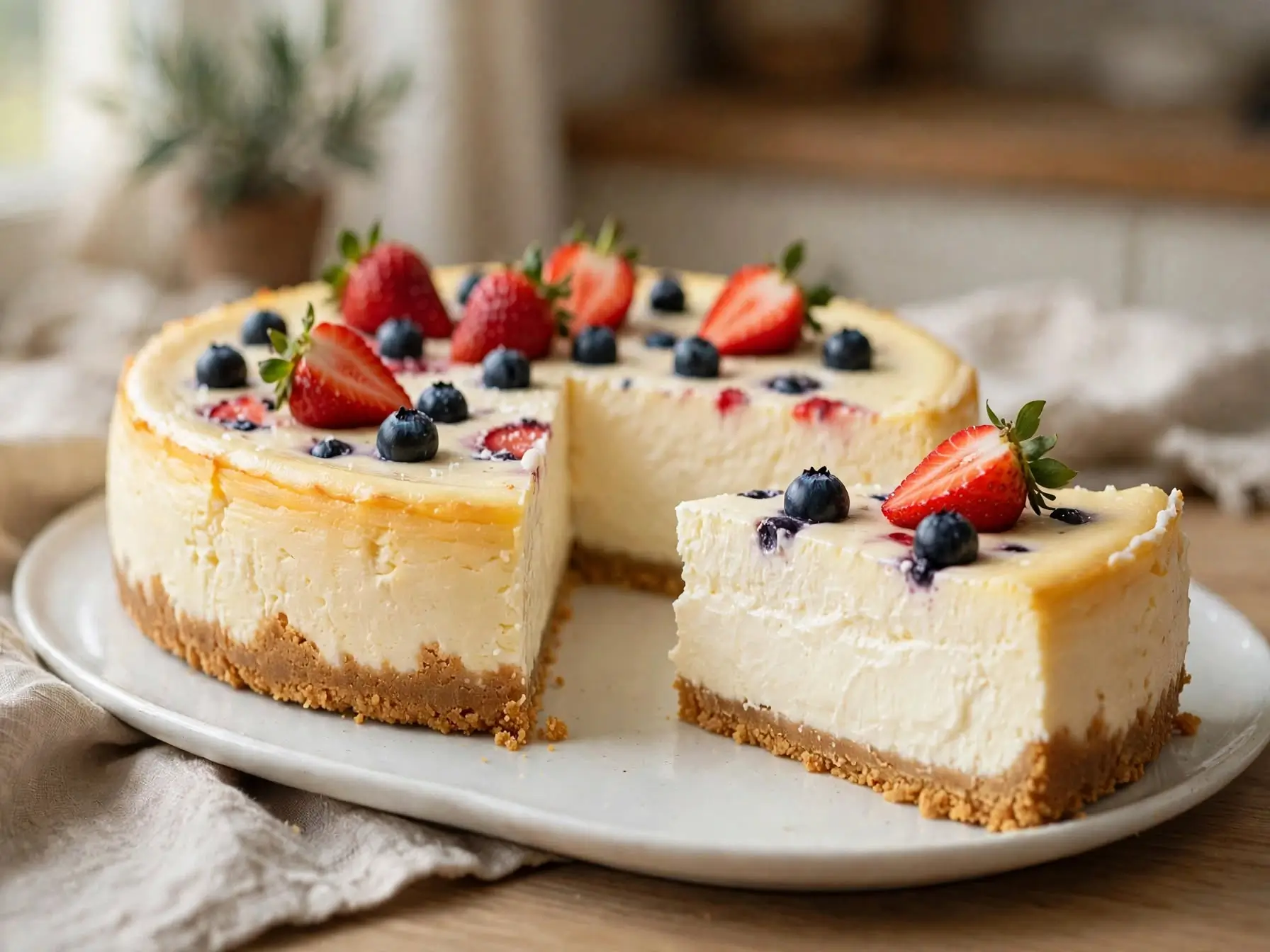 Creamy cottage cheese cheesecake with fresh berries