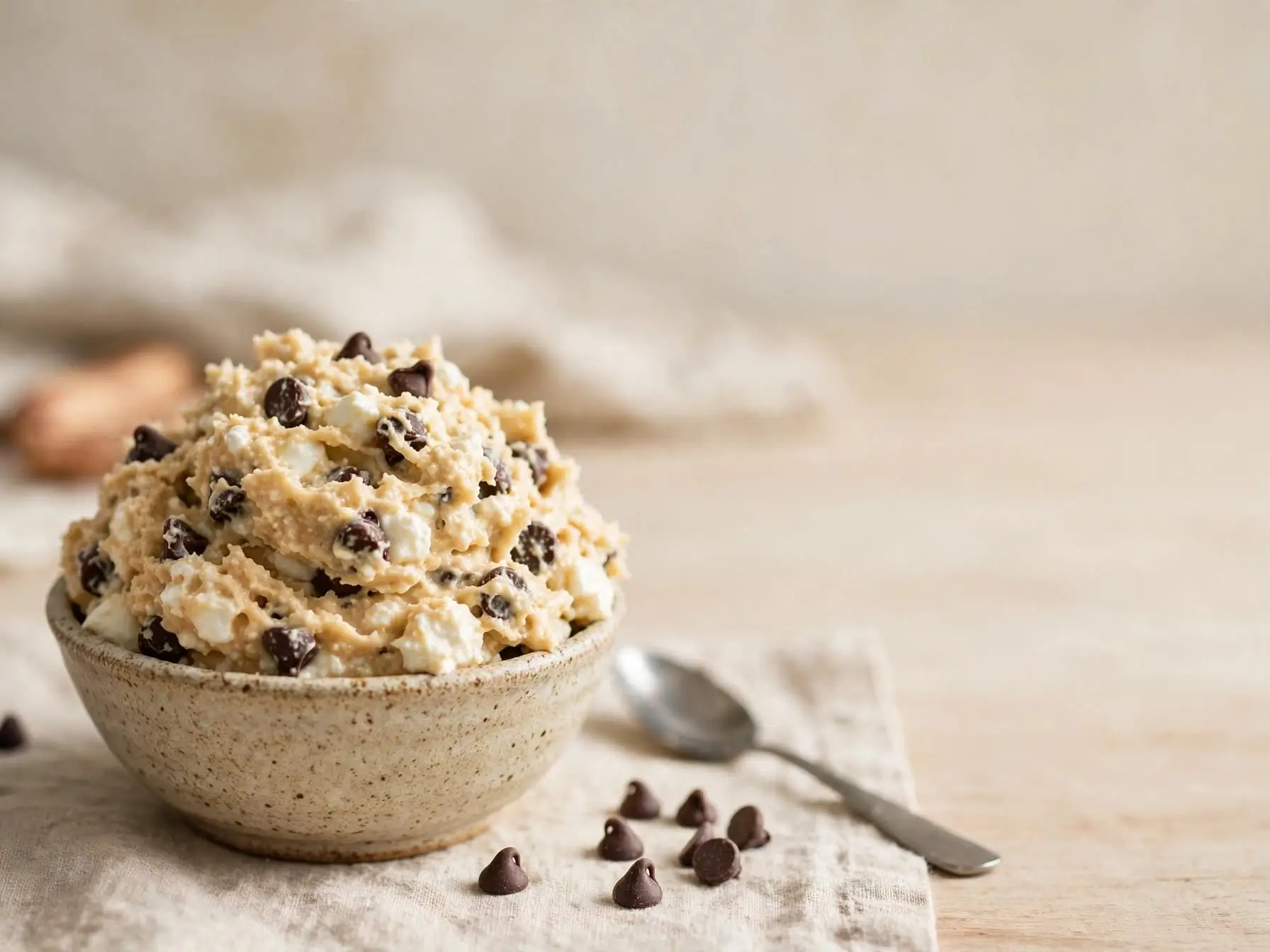 Cottage cheese cookie dough with chocolate chips in a bowl