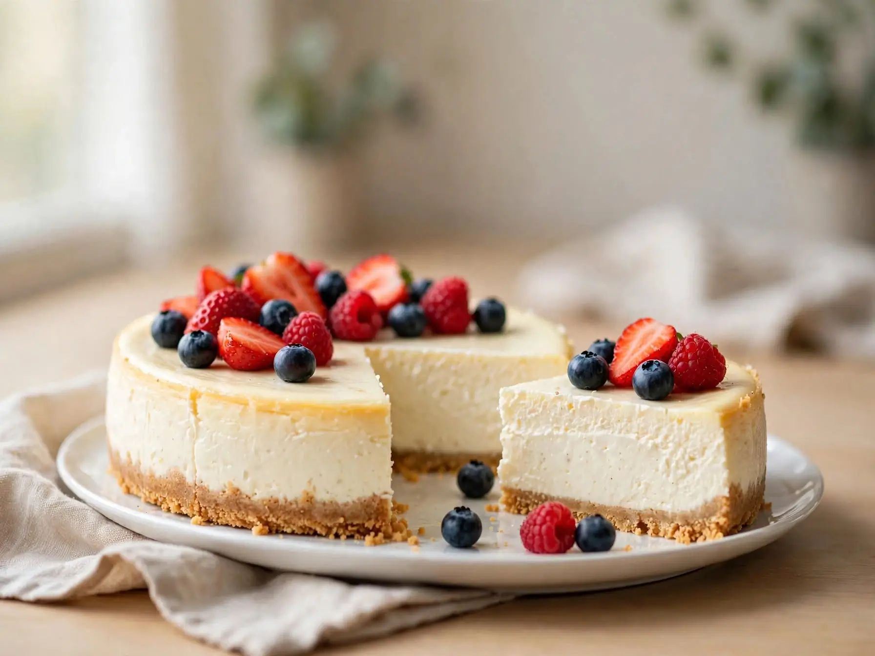 Creamy cottage cheese cheesecake with fresh berries