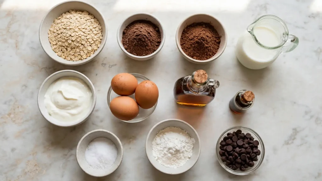 Ingredients for homemade high protein brownie bars