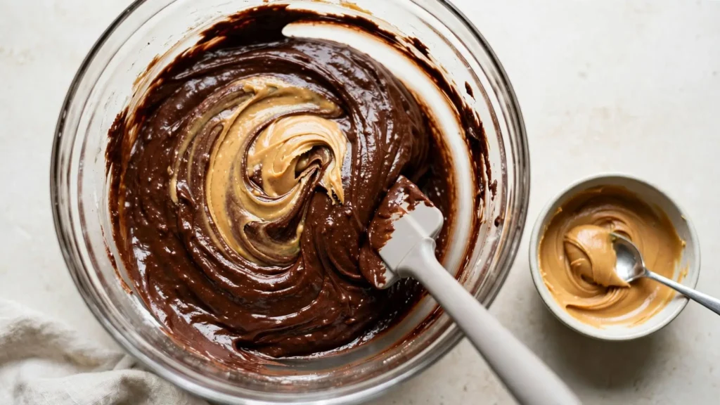 Thick chocolate batter for peanut butter protein brownies before baking