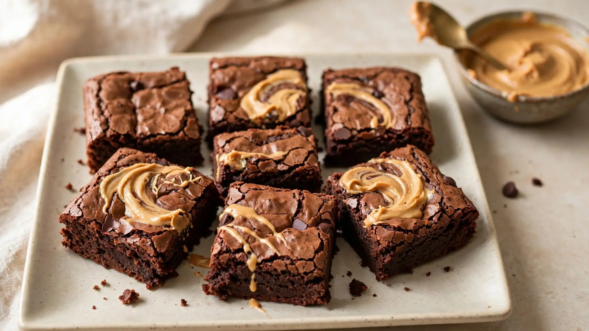 Peanut butter protein brownies with chocolate and creamy peanut butter swirl